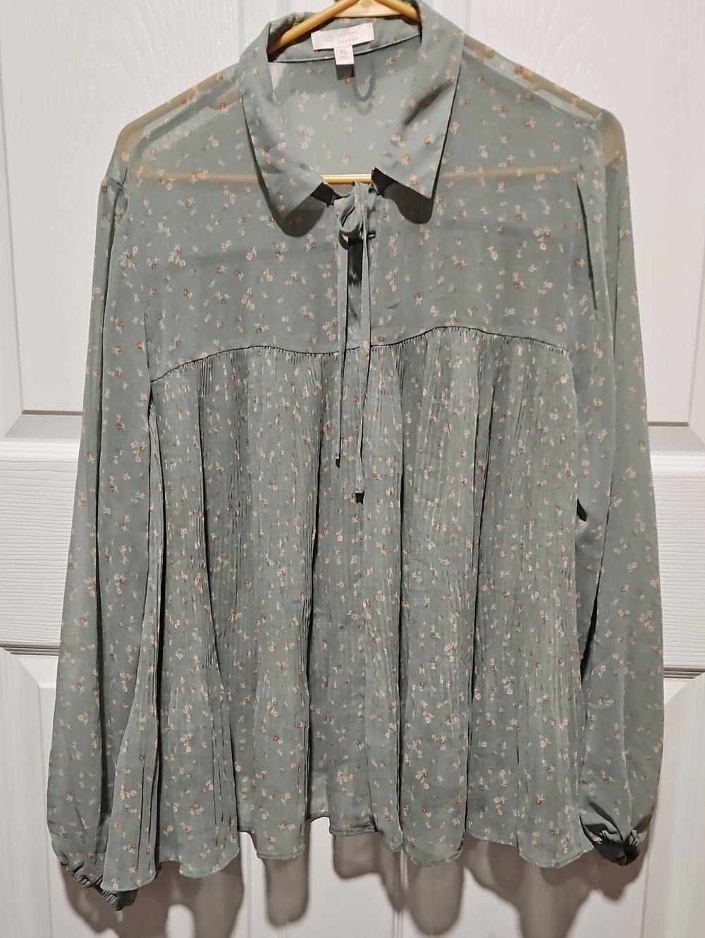LC Lauren Conrad Sage Green Floral Tie-Neck Pleated Blouse